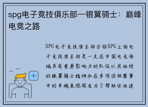 spg电子竞技俱乐部—银翼骑士：巅峰电竞之路